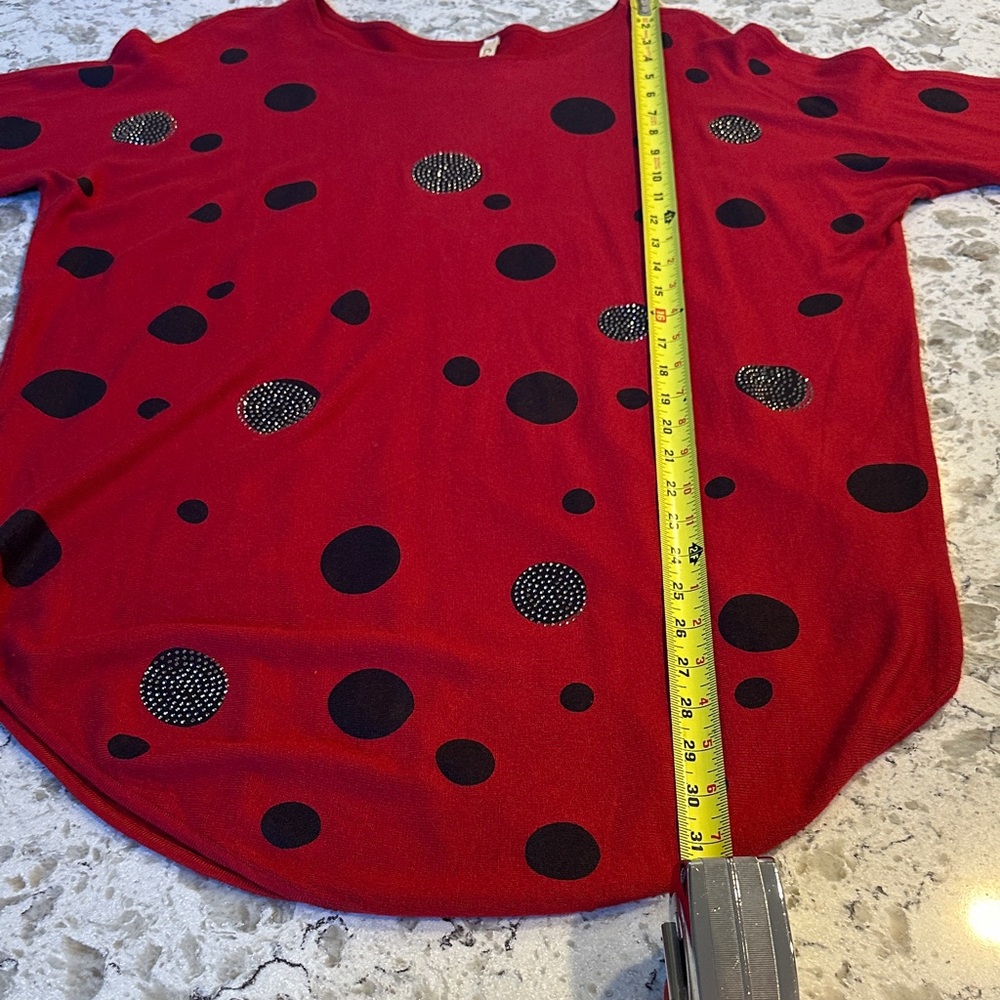 C.M.P.55 Collection Crimson Red Long Sweater with Black Sparkling Polka Dots - Picture 7 of 8